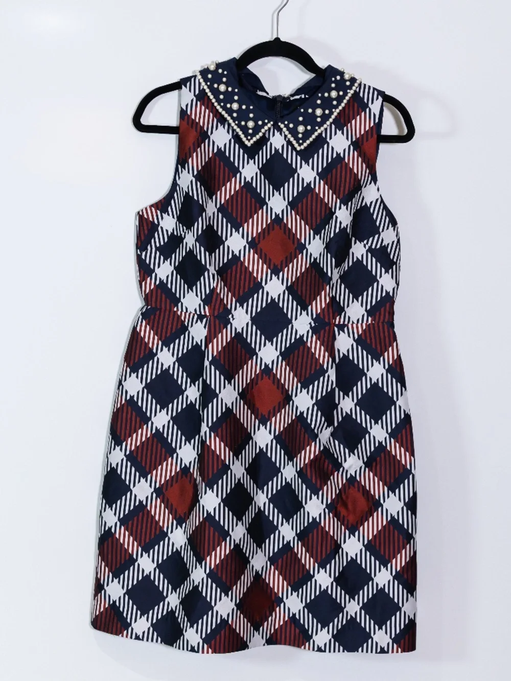 Kate Spade Jumbo Plaid Print Pattern Taffeta Pearl Embellished Collar Dress 10